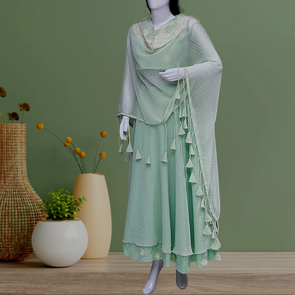 Pista Green Butta Georgette Lehenga Set | S3SKD1232