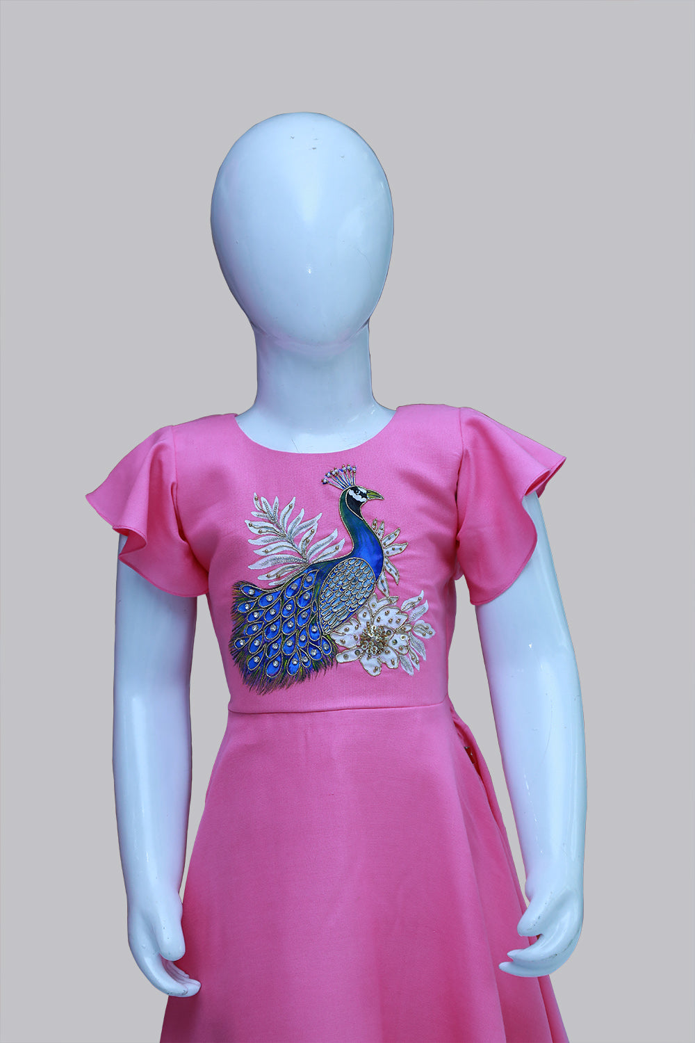 Pink Picwai Hand Printed & Maggam Work Flared Baby Girl Frock | S3GF