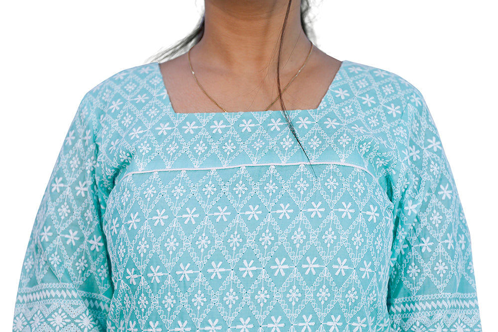 Women Chikan Embroidery A-line Kurta (blue) | S3K638