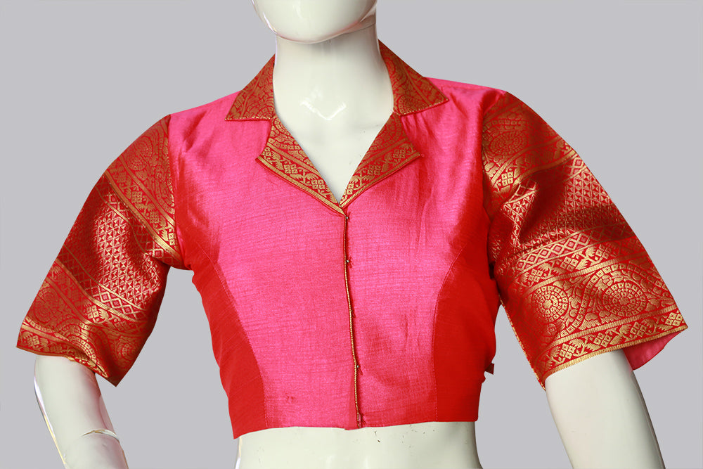 Suit Collared Pink Banaras Pattu Blouse | S3B51