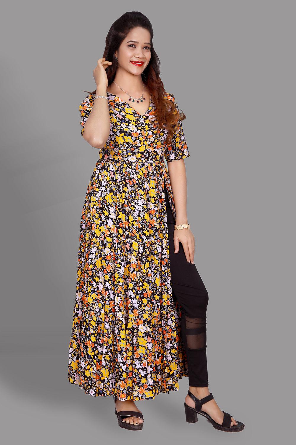 Yellow and orange Floral Print Maxi | S3G1016