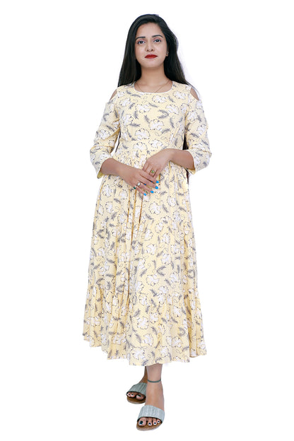 Cream Rayon Floral Printed Cold Shoulder A Line Kurta | S3D088