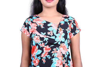 Womens Crape Black Floral Printed Short Top | S3T962