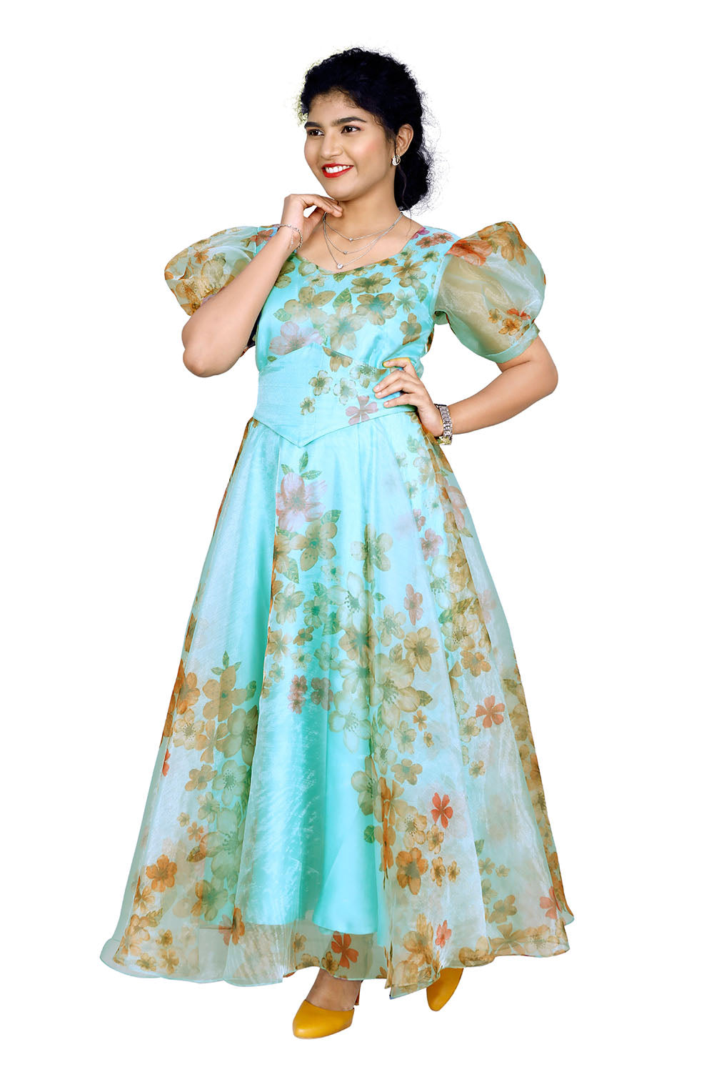 Peacock Blue Organza Floral Printed Gown | S3G843