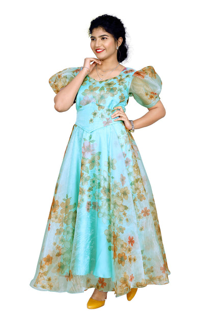 Peacock Blue Organza Floral Printed Gown | S3G843