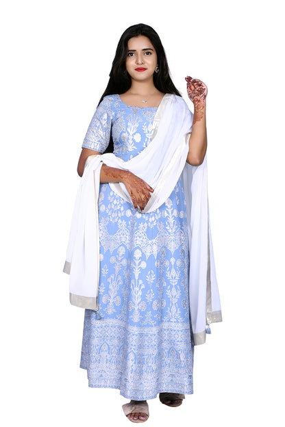Womens Stone Blue Floral Printed Anarkali Dress with Dupatta  | S3G979