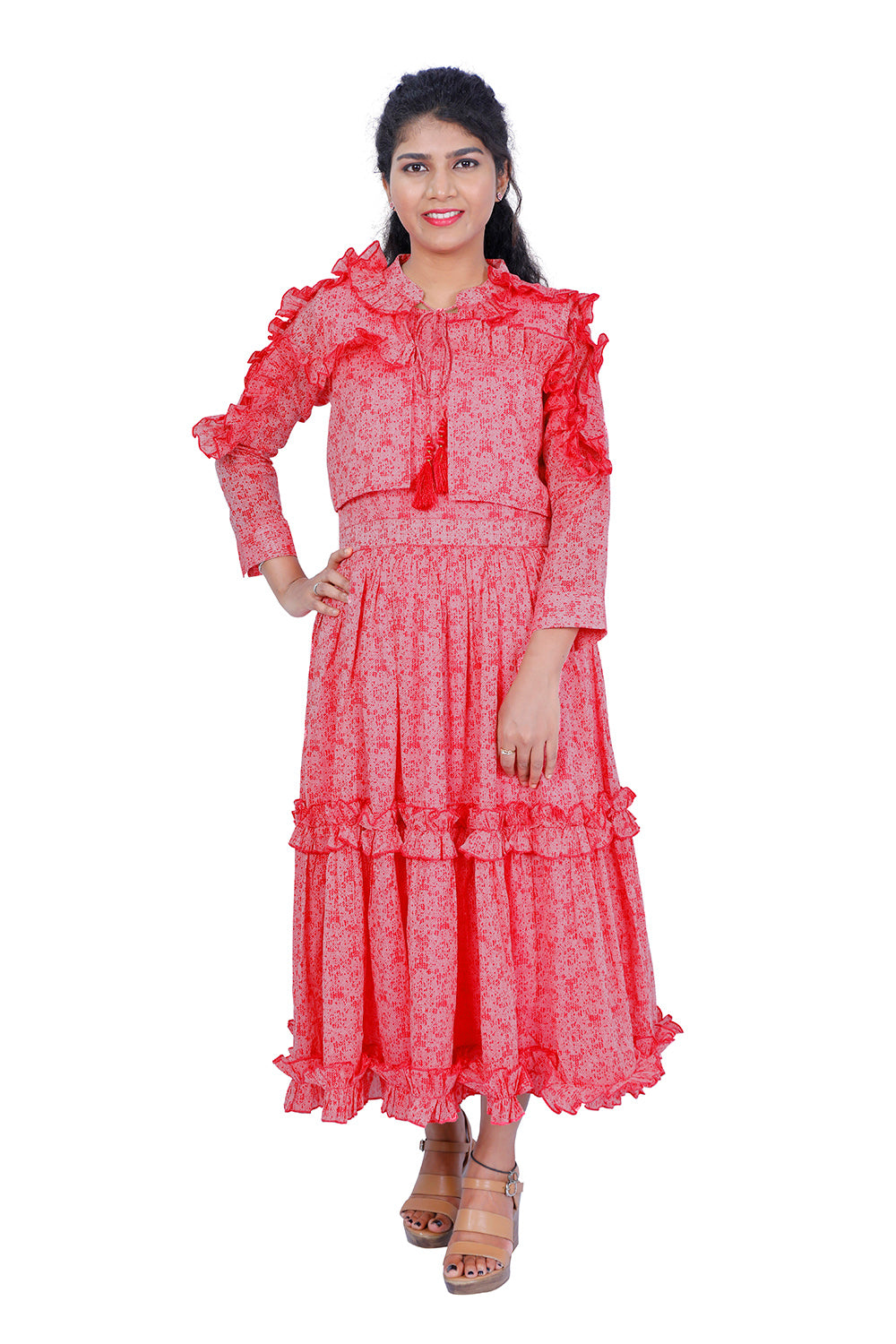 Flamingo Pink Tiered Maxi Dress With Shrug Set | S3W133 Flamingo Pink Tiered Maxi Dress With Shrug Set | S3W133