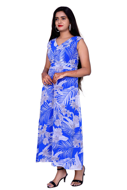 Womens Georgette Blue and White Floral Print Maxi | S3G935