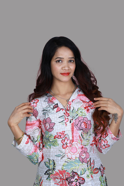 White Floral Print A Line Kurti | S3K1050