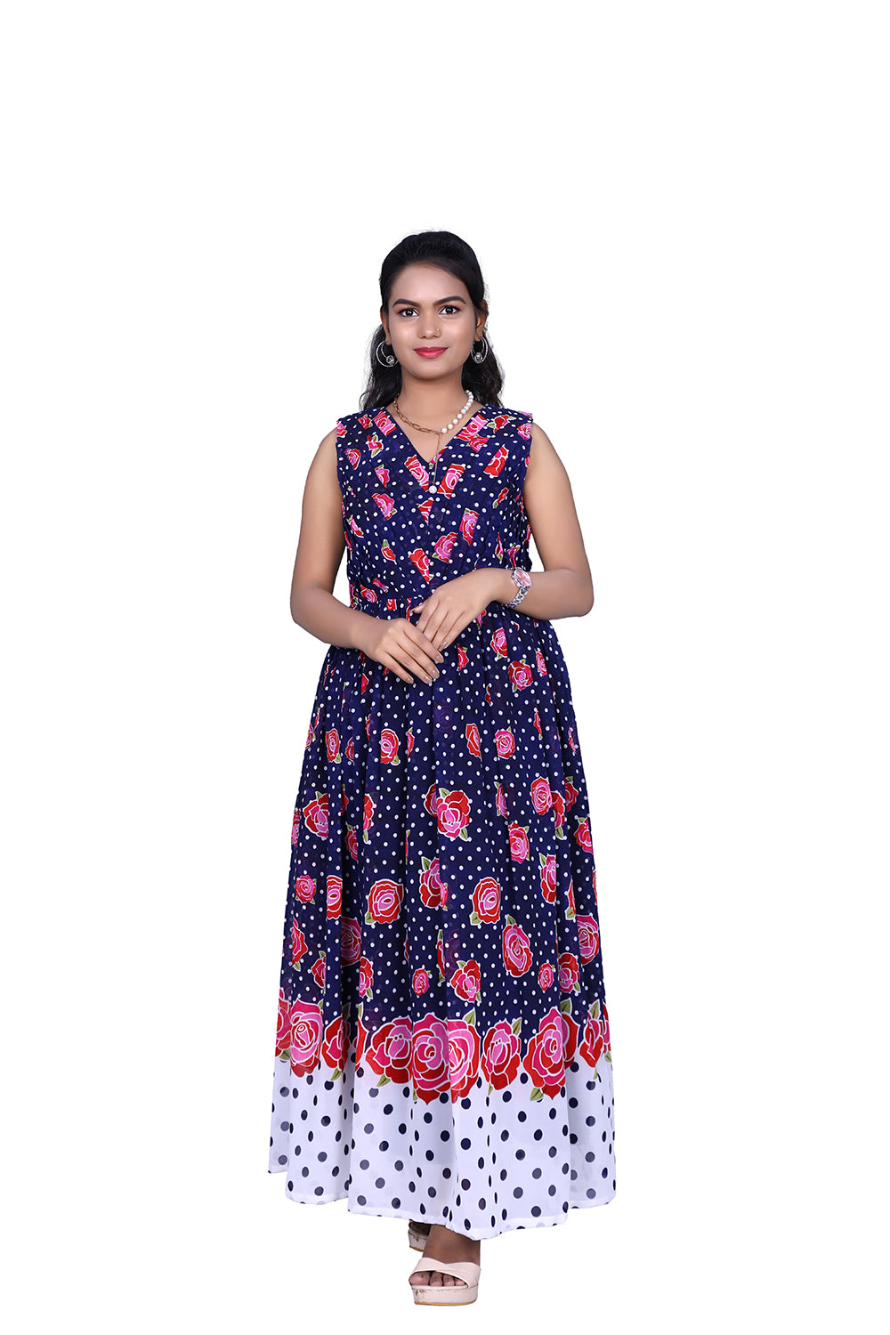 Womens Georgette Navy Blue Floral Printed Maxi | S3G934