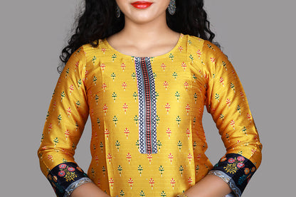 Yellow Floral Print Straight Kurti | S3K1815