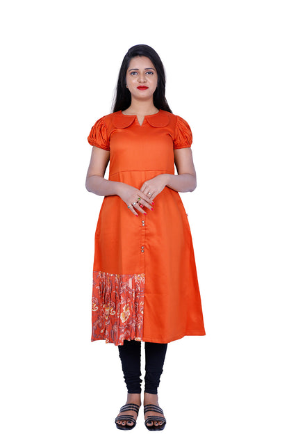 Peter pan Collar Neck with Floral Print Gathered Patch Indo Western Kurti | S3W181