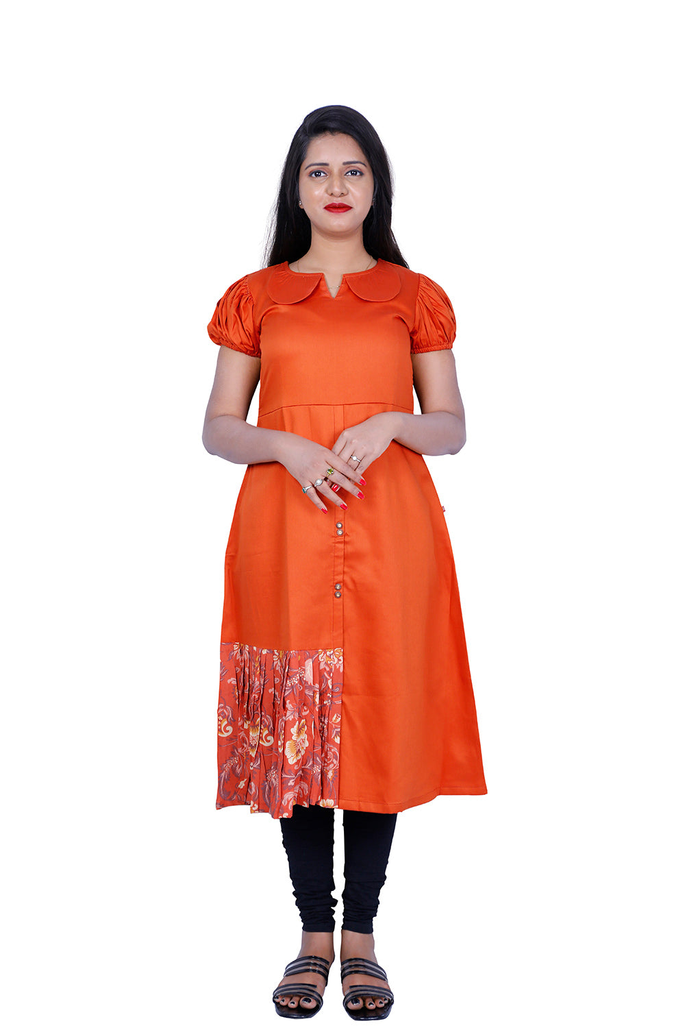 Peter pan Collar Neck with Floral Print Gathered Patch Indo Western Kurti | S3W181