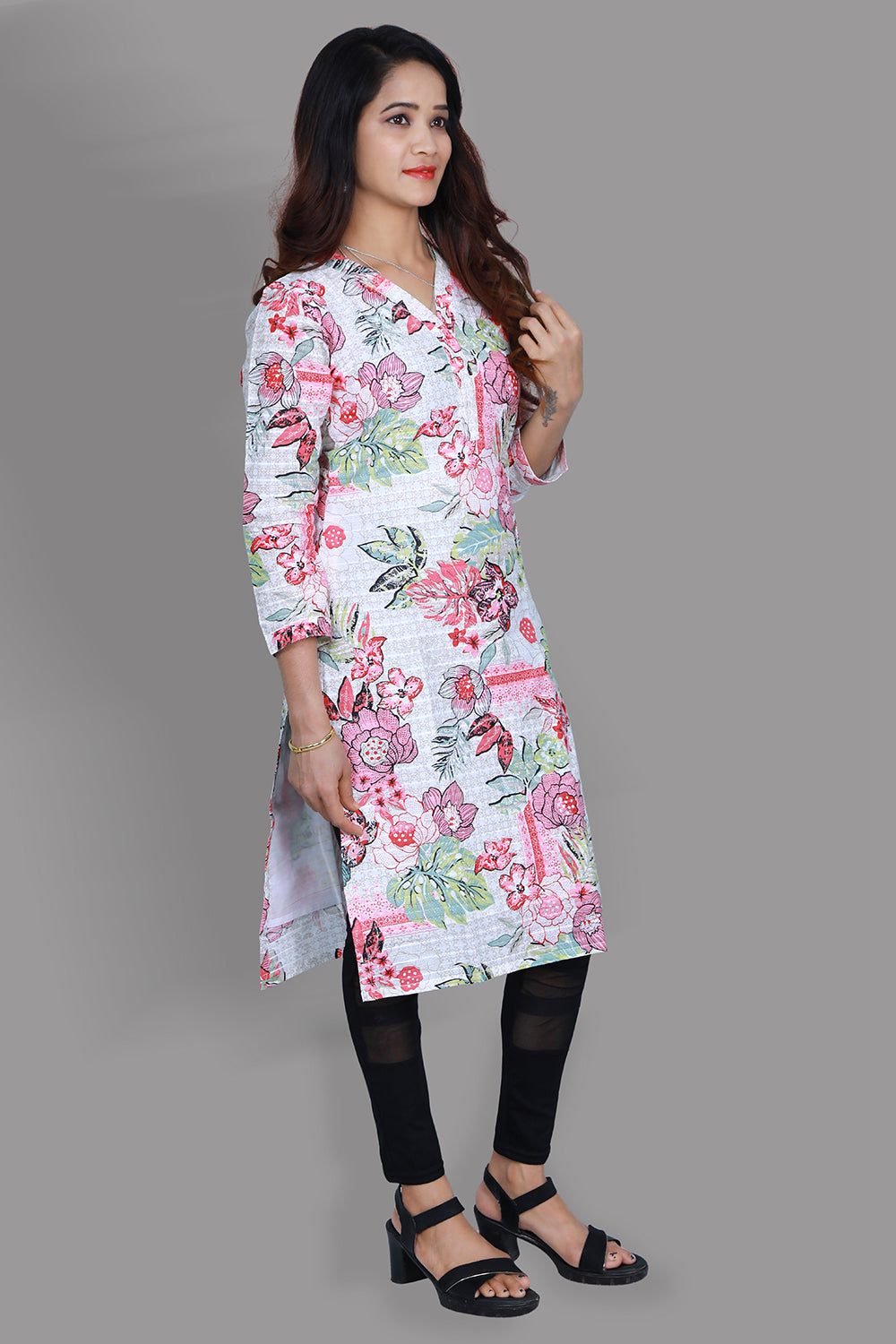 White Floral Print A Line Kurti | S3K1050