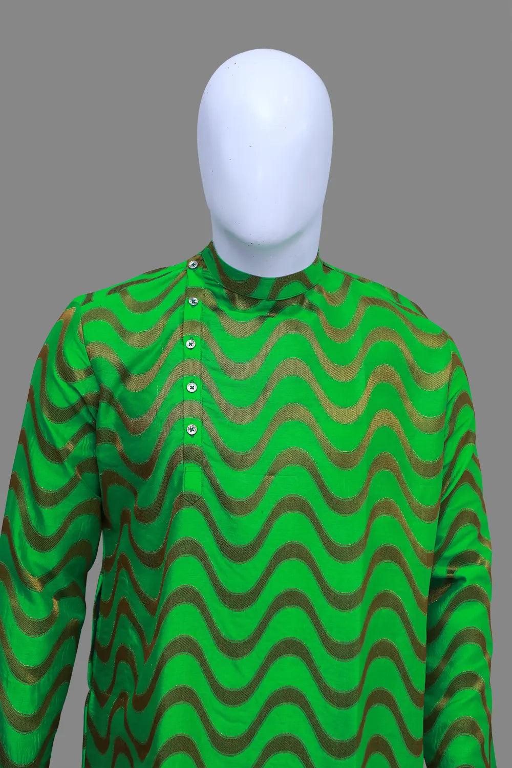 Men's Green High Neck Side Buttons Wave Printed Kurta | S3K1187/G