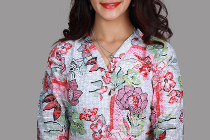 White Floral Print A Line Kurti | S3K1050