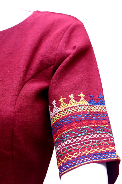 Maroon Thread Work Boat neck Blouse | S3B11