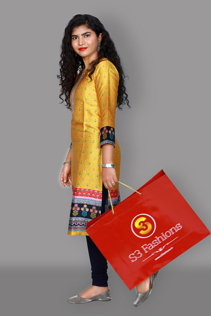 Yellow Floral Print Straight Kurti | S3K1815