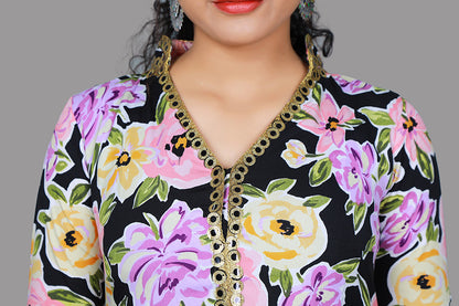 Black with Floral Print Middle Slit A Line Kurti | S3K1019