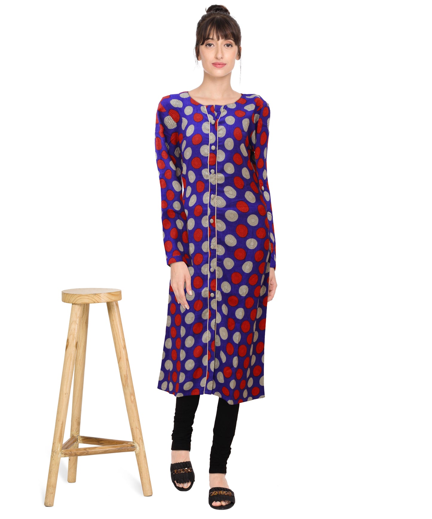 Polka Dots Silk A-line Chinese Collar Womens Kurta | S3K003