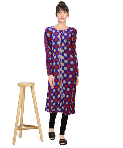 Polka Dots Silk A-line Chinese Collar Womens Kurta | S3K003