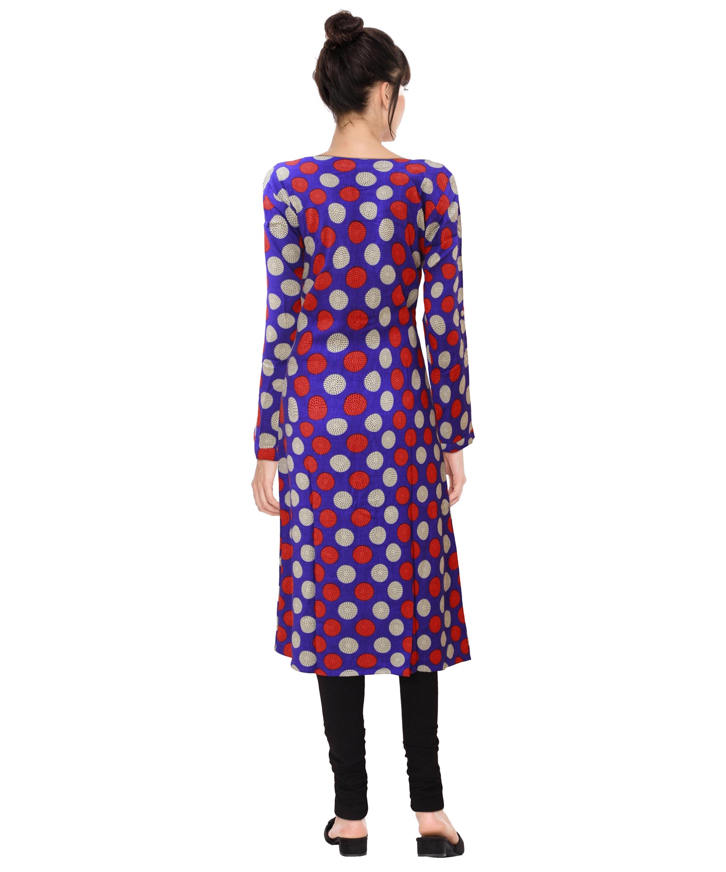 Polka Dots Silk A-line Chinese Collar Womens Kurta | S3K003