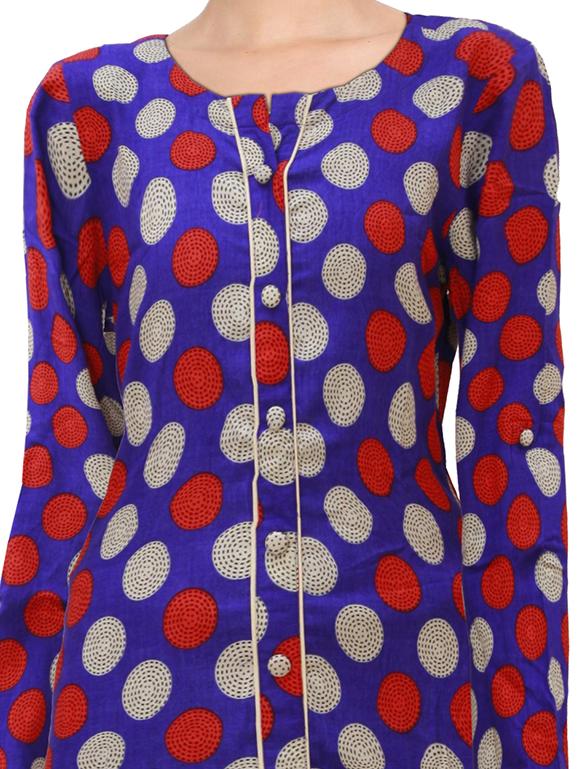 Polka Dots Silk A-line Chinese Collar Womens Kurta | S3K003