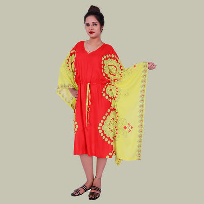 Red & Yellow Knee Length Kaftan | S3K614