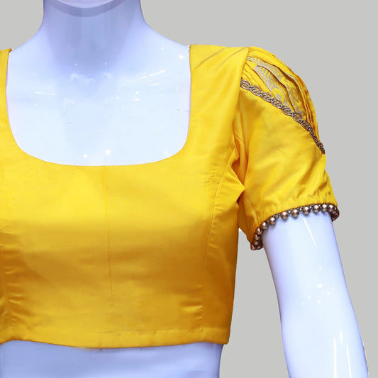 Women’s Yellow Embellished Blouse with Lace & Puff Sleeves – Festive Chic | S3 Fashions | S3B18