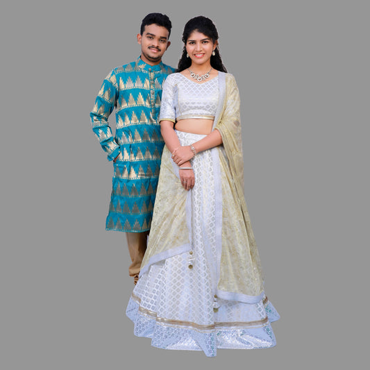 Men's Kurta Pyjama,White&Gold Lehenga Set Wedding Combo | S3WC1