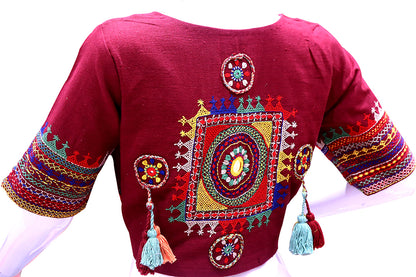Maroon Thread Work Boat neck Blouse | S3B11