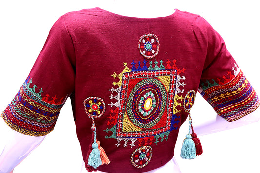 Maroon Thread Work Boat Neck Blouse – Elegant Ethnic Charm | S3 Fashions | S3B11