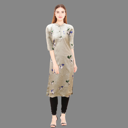 Grey & Green Floral Print Straight Cotton Kurta | S3k138