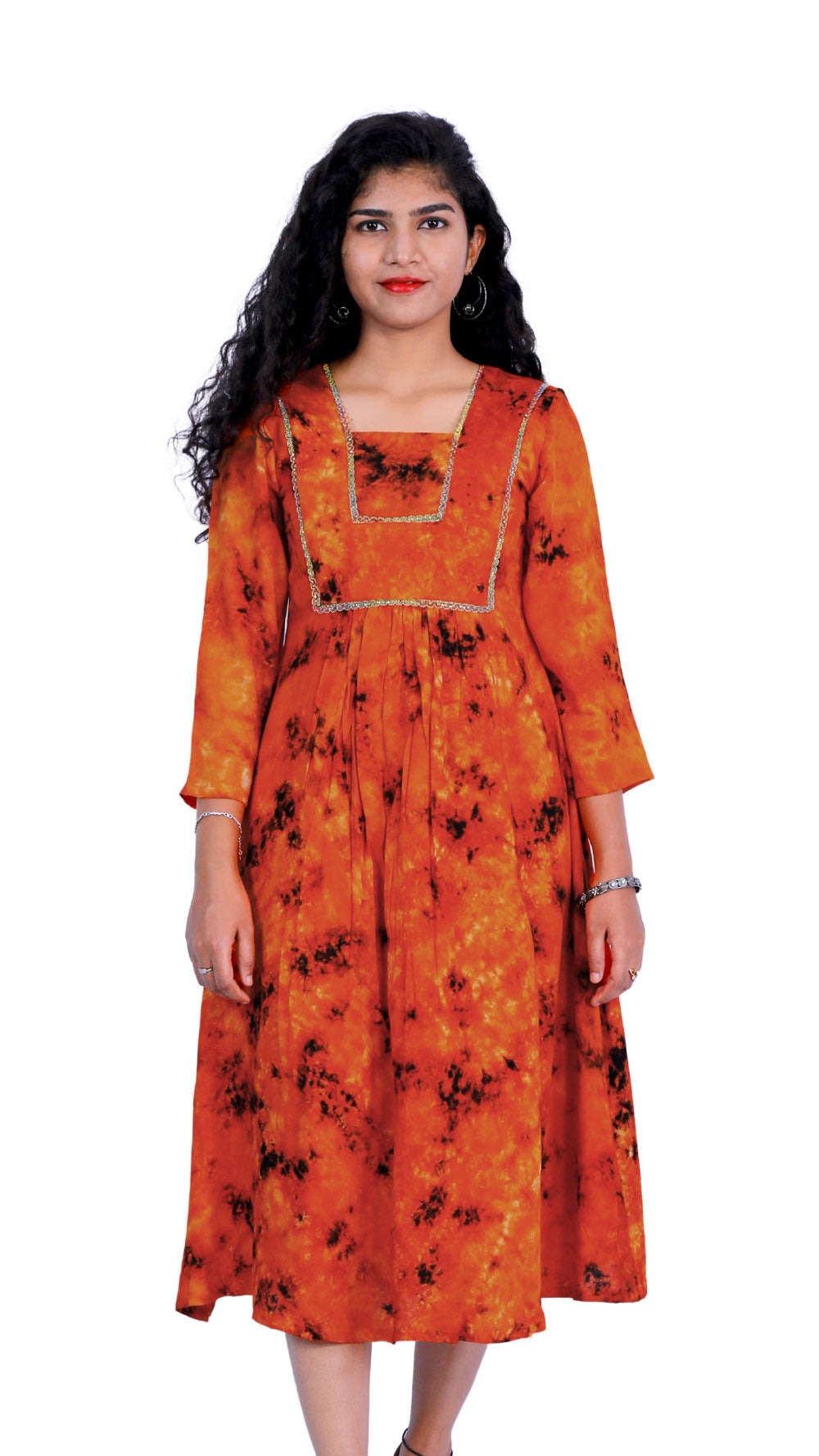 Orange Tie & Die A-line Kurti | S3K341