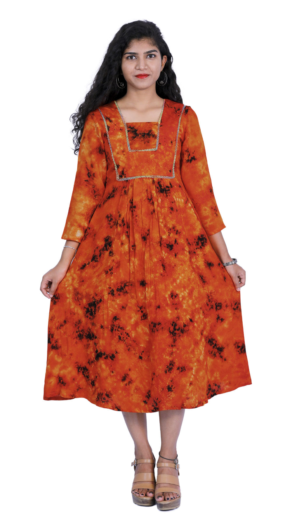 Orange Tie & Die A-line Kurti | S3K341