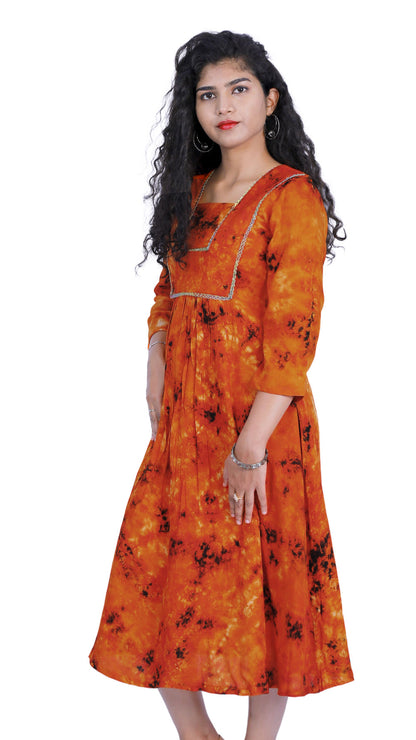 Orange Tie & Die A-line Kurti | S3K341
