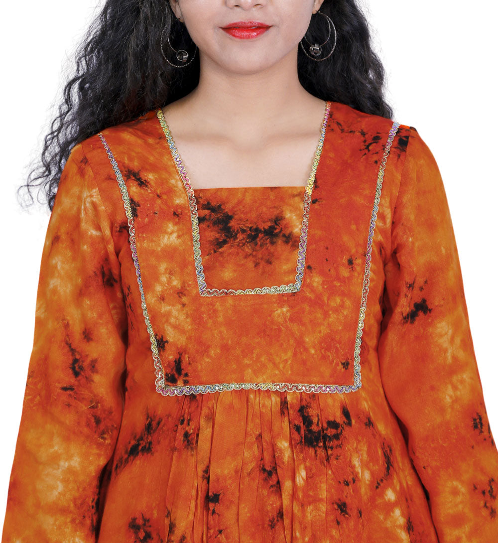 Orange Tie & Die A-line Kurti | S3K341