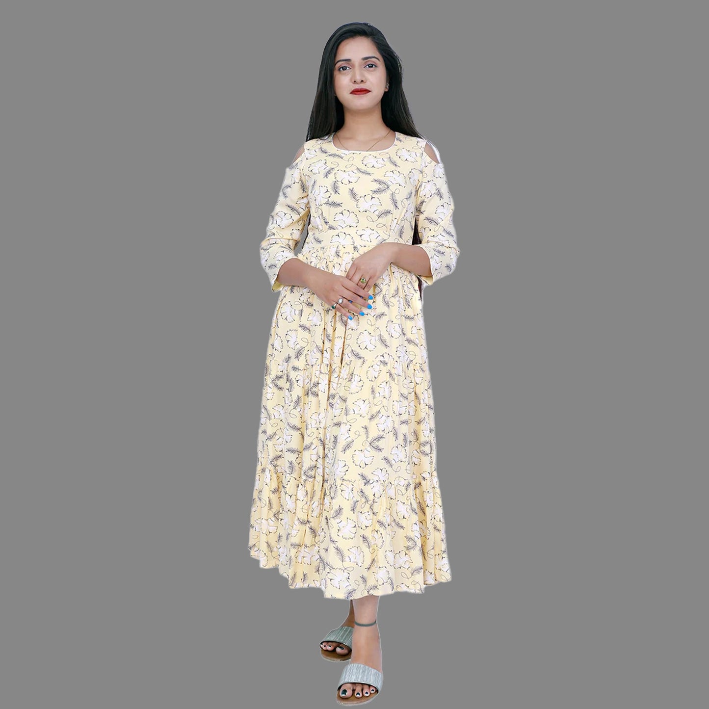 Cream Rayon Floral Printed Cold Shoulder A Line Kurta | S3D088