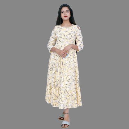Cream Rayon Floral Printed Cold Shoulder A Line Kurta | S3D088
