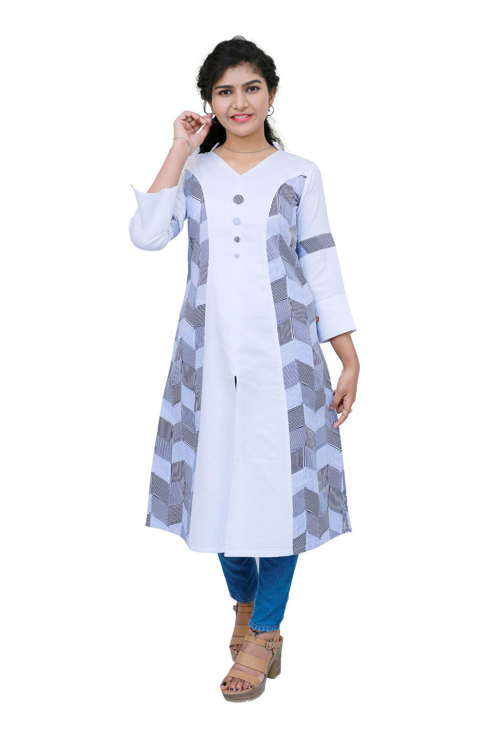 Women White & Grey Solid A-line Kurta | S3K325