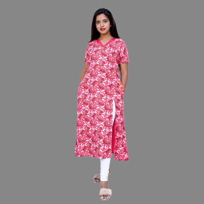 White&Red Floral Printed Front Slit Kurta | S3K740/A