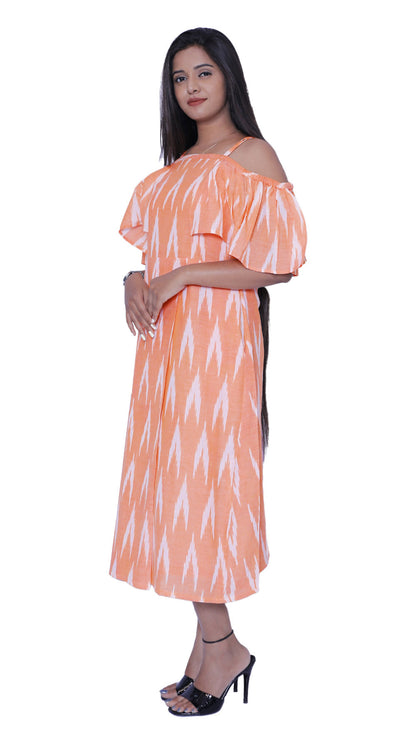 Women ikkath print cold shoulder straight gown|S3G578