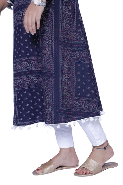 Women Printed A-line Kurta(Navy Blue)|S3K595