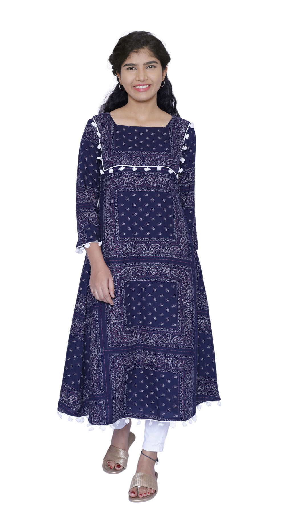 Women Printed A-line Kurta(Navy Blue)|S3K595
