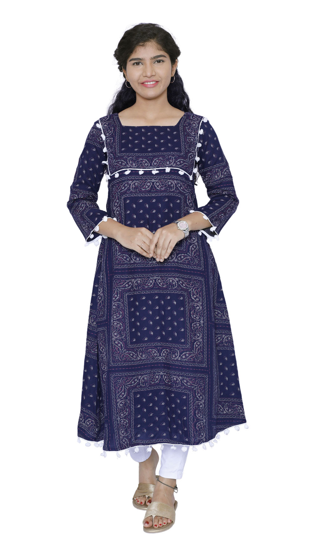 Women Printed A-line Kurta(Navy Blue)|S3K595