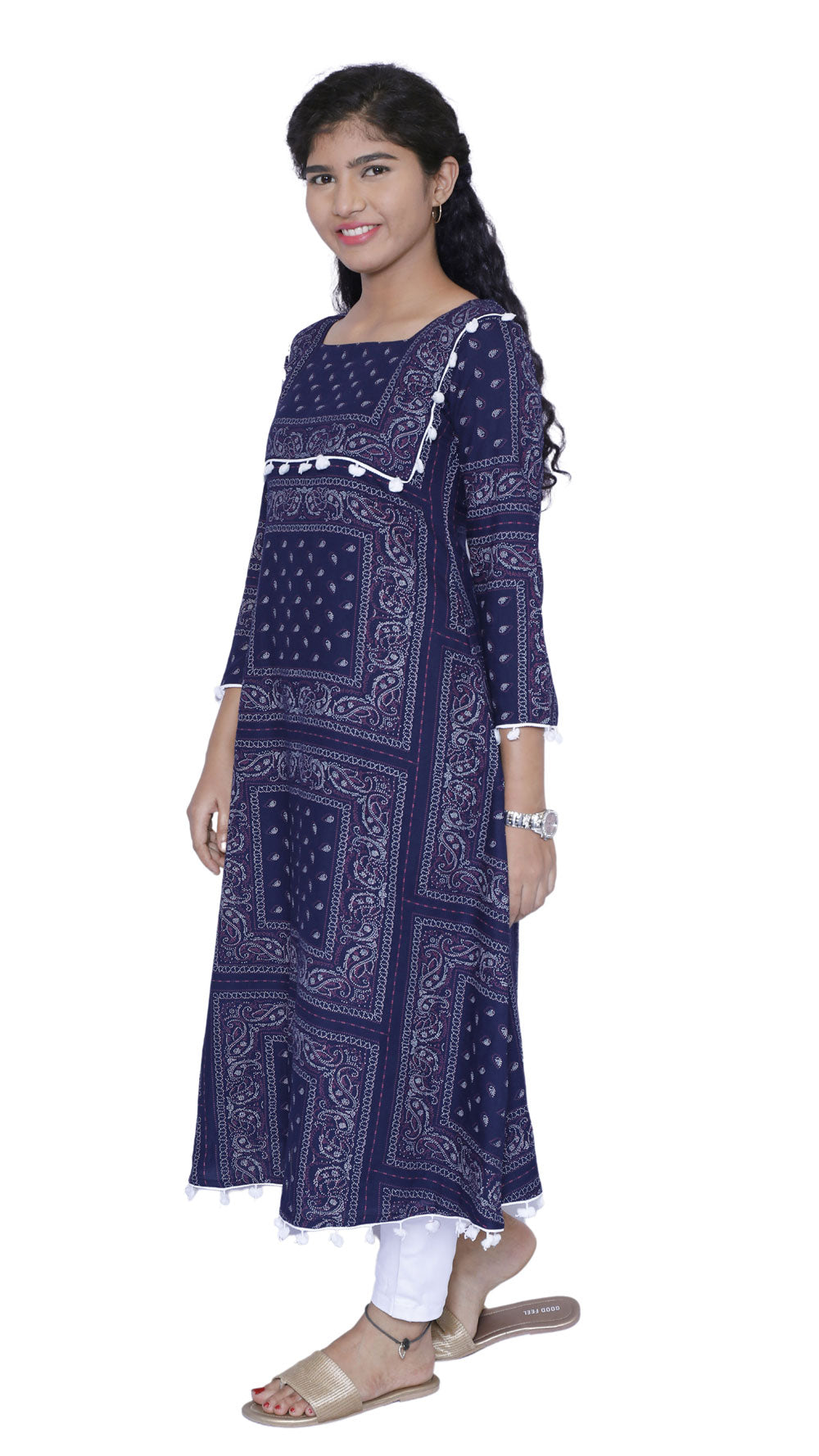 Women Printed A-line Kurta(Navy Blue)|S3K595