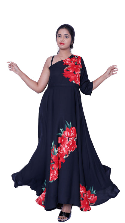 Black One Shoulder Floral Print Straight Gown | S3G258