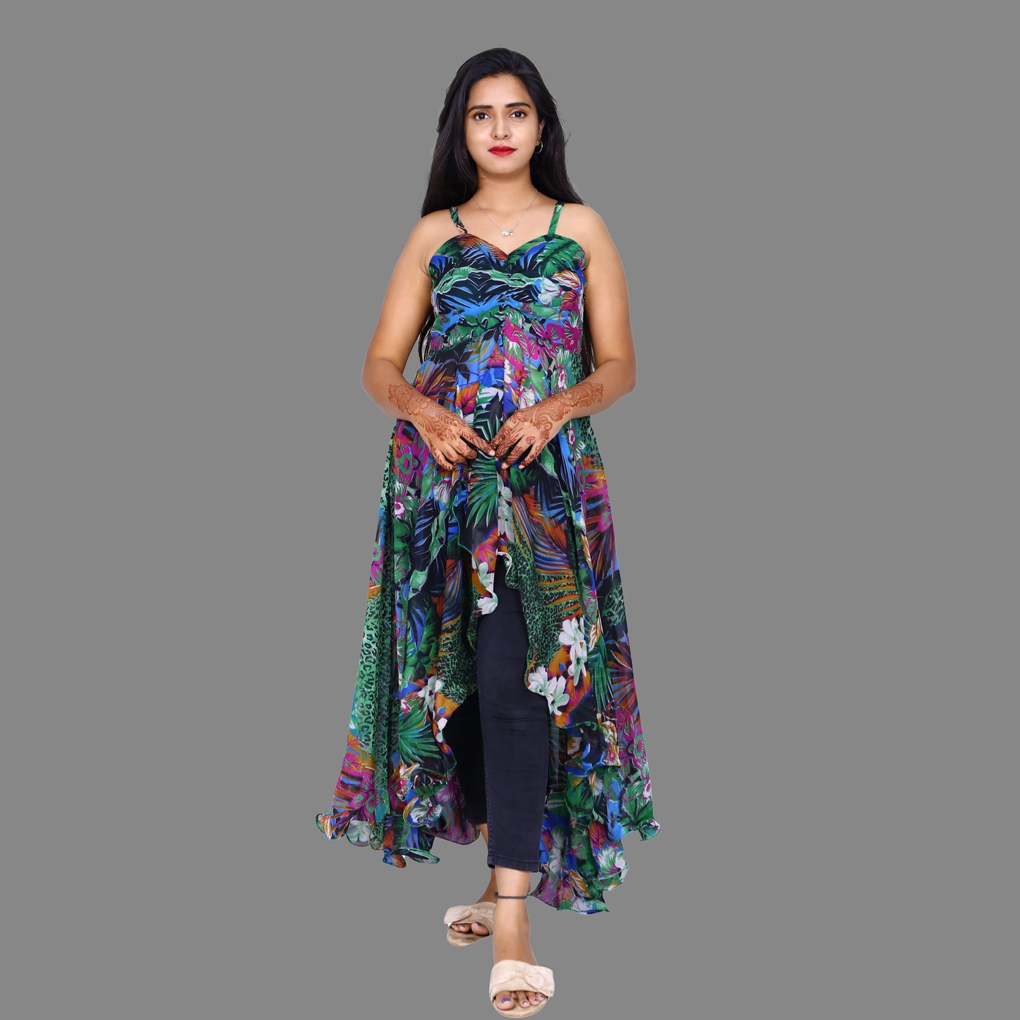 Womens Georgette Green Floral Printed Indo Western Dress | S3G884