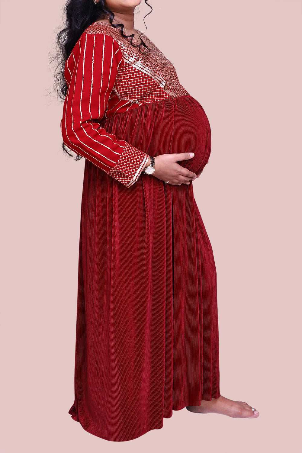 Sequins Detailing Design  Maroon Party Wear Maternity  Dress. | S3MG1028