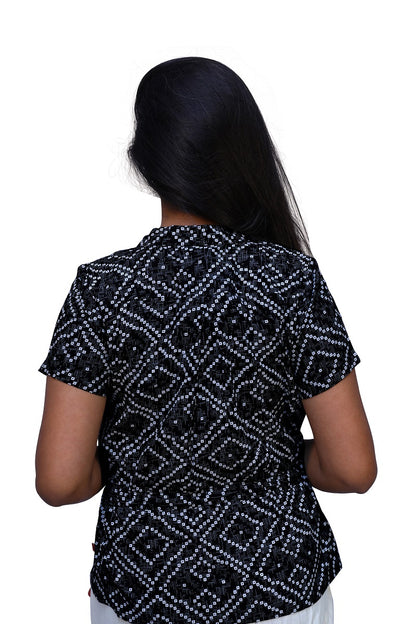 Black Bandhini Print collared Neck Short Top | S3CT793